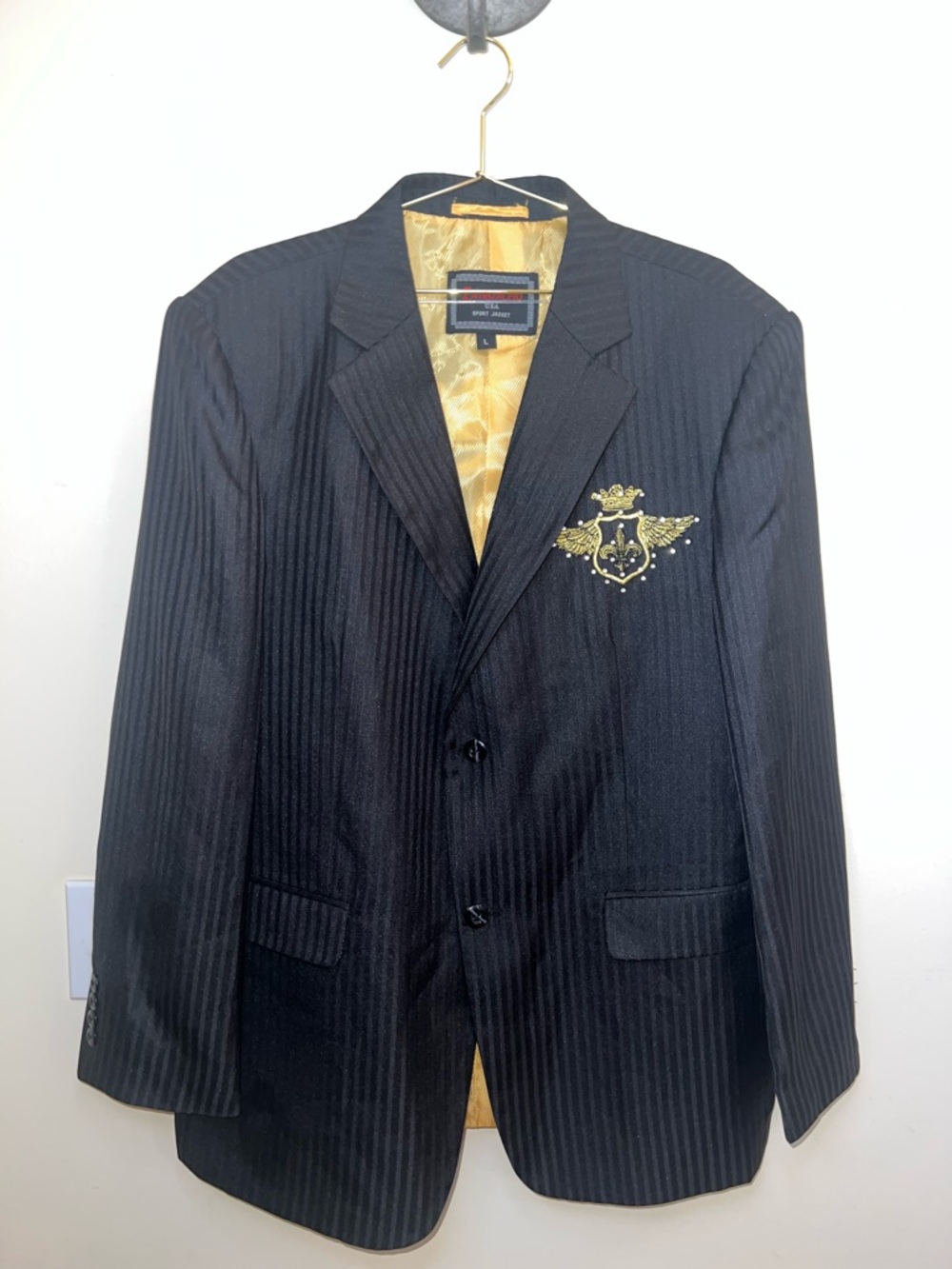 Patroncito Rhinestone Crest Blazer Black Pinstripe Jacket Large Statement Y2K‎